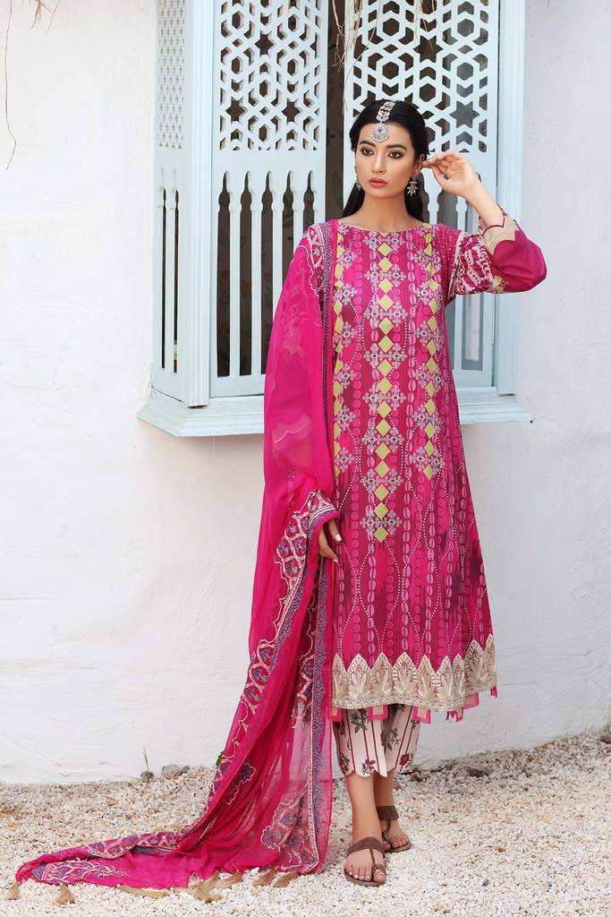 3 Pc Unstitched Embroidered Lawn With Chiffon Dupatta SH-10 B